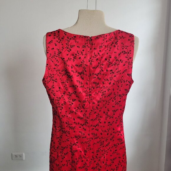 Dani Max 1990s Red Satin Chinese Flowers Flocked Velvet Slip Dress (Size: 8) - Picture 5 of 12